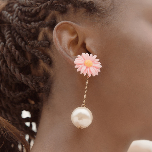 pink daisy flower drop pearl earrings